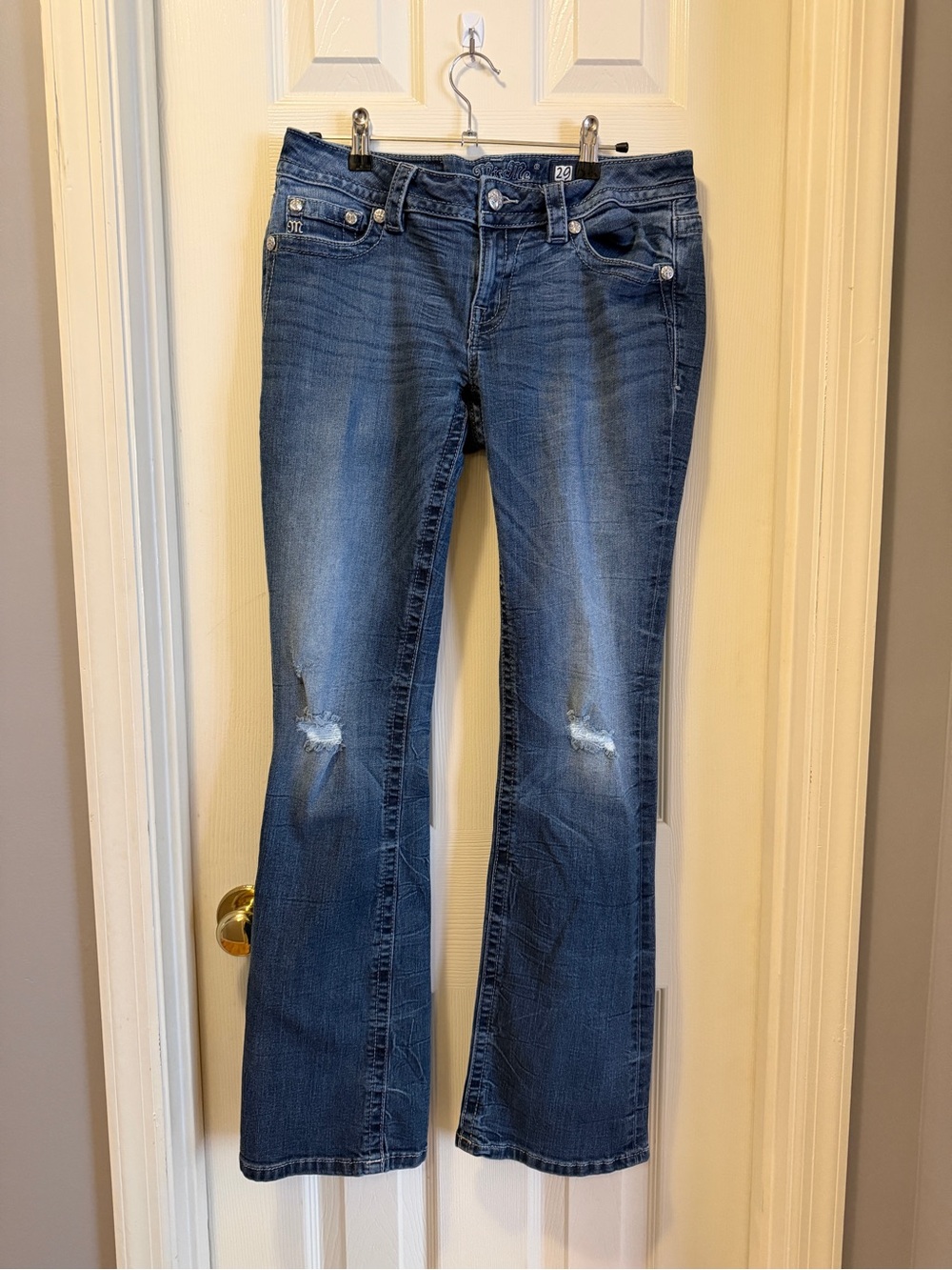 Miss Me Medium Blue Flared Jeans with Knee Distressing